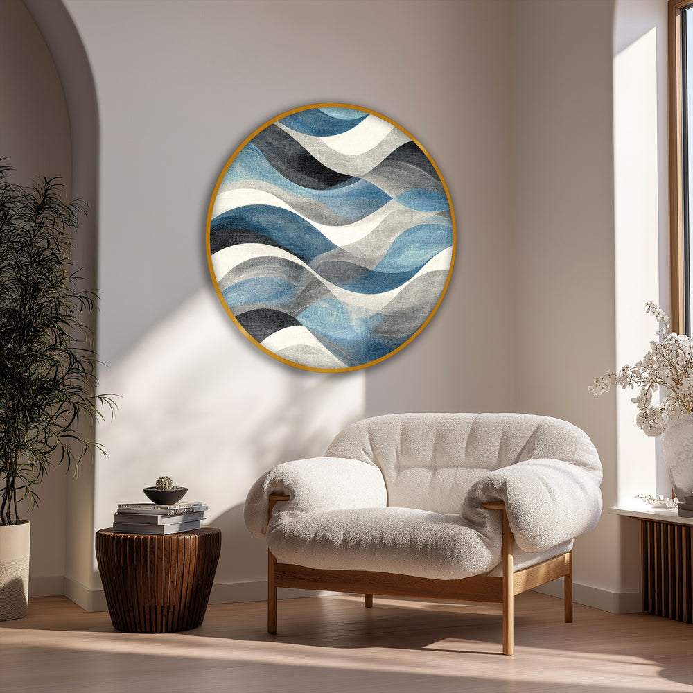 Abstract flowing blue waves round canvas art prints steal the show with their dynamic, coastal-inspired design in this modern interior scene.