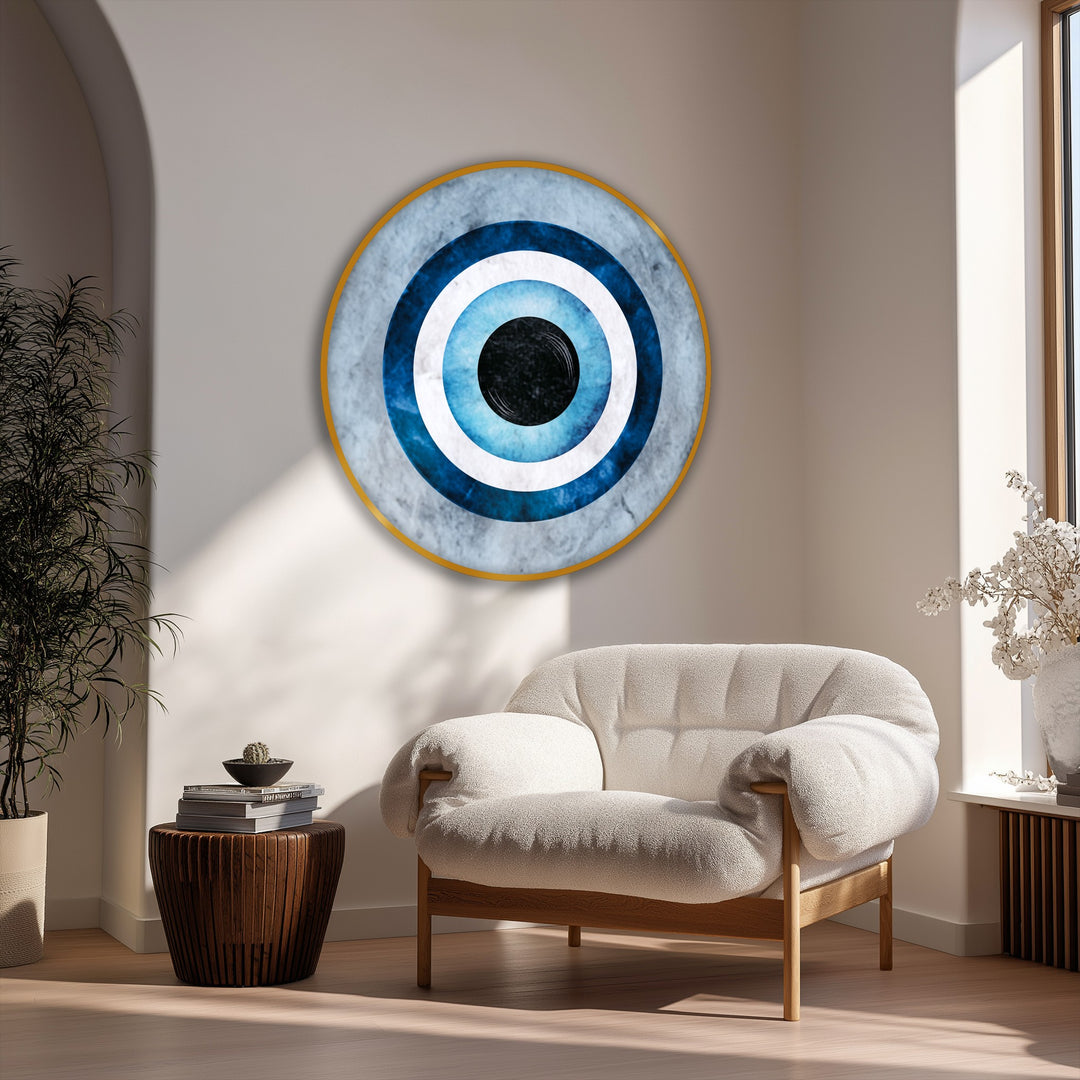 Eye-catching, round, minimal, protection-themed, blue evil eye symbol art is the focal point of this unique canvas print.