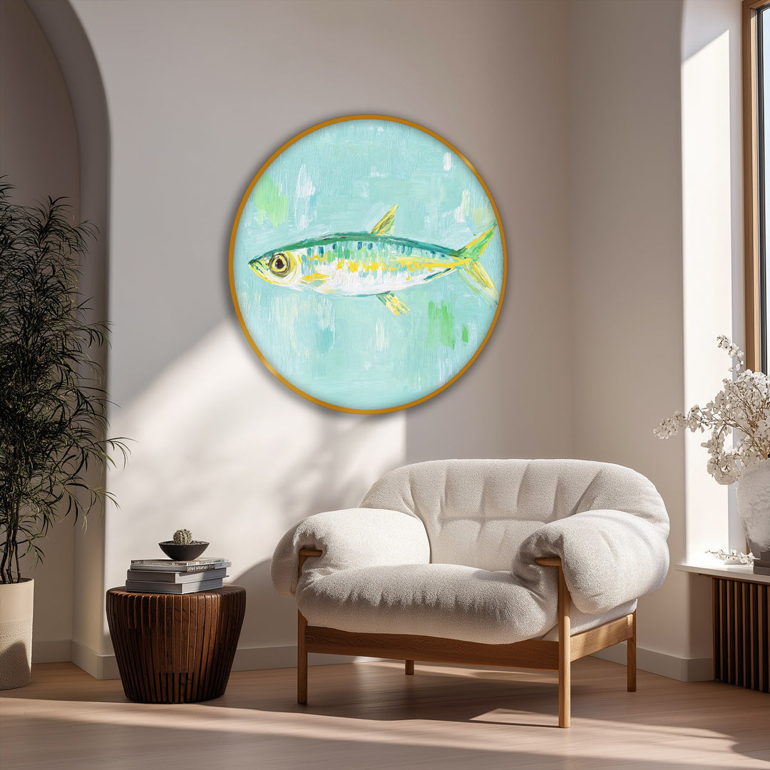 Highlighting the thin golden border of this framed canvas, a minimalist round canvas wall art print featuring a pastel fish painting.
