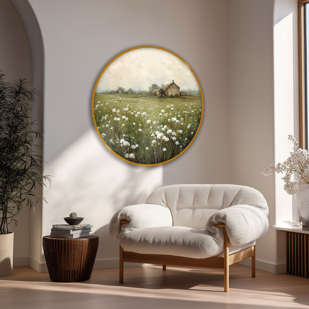 Finely textured framed canvas showcasing a rustic barn and nature landscape evokes a handcrafted material quality in this round canvas print.