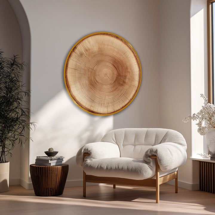 Showcasing the loudest element, this tree trunk slice design on a round framed canvas wall art makes a striking rustic statement piece.