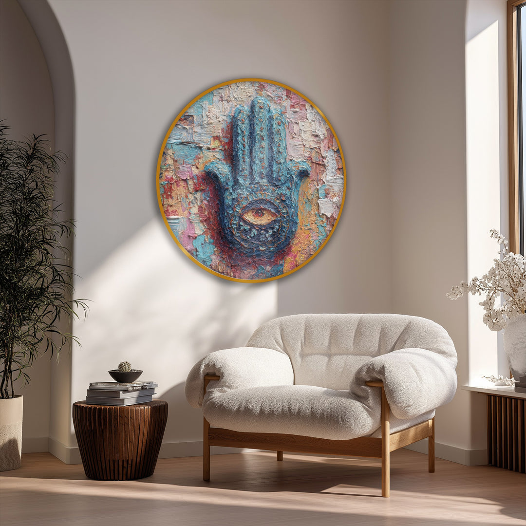Repetitive textural brushstrokes in this mystic hand of protection round canvas print create a calming visual rhythm, enhancing the colorful spiritual eye canvas wall decor.