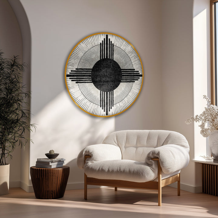 Framed with a bright edge, the modern geometric sunburst circle abstract canvas print gives a gallery-worthy effect to these big canvas prints.