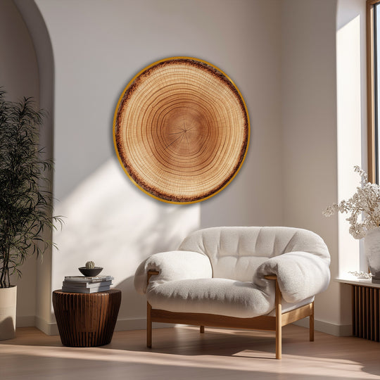 The stillness of this round canvas wall art captures a natural wood texture as a decorative canvas wall art slice, evoking a serene woodland scene.