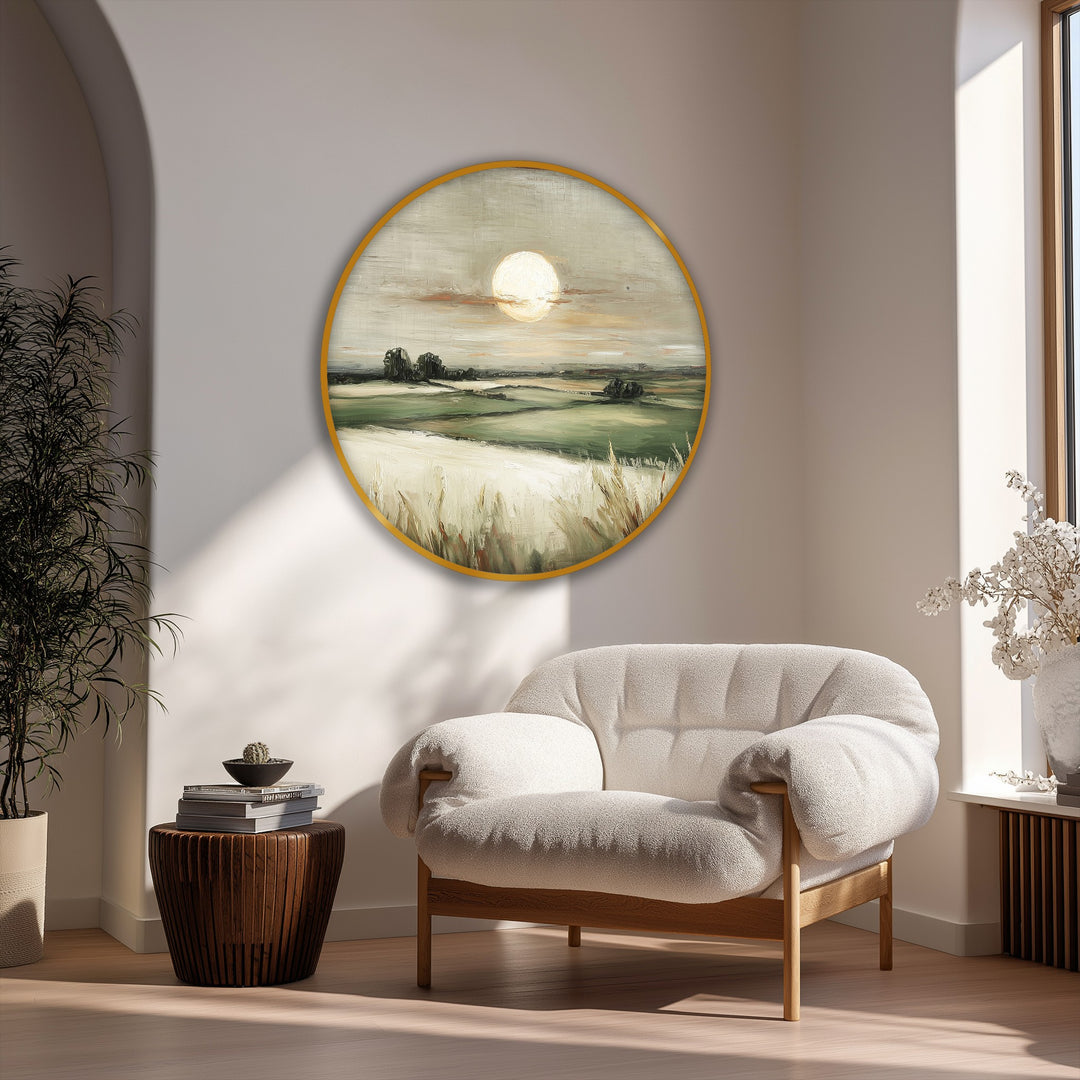 Showcasing the layering effect, this golden horizon countryside landscape round canvas print features a framed canvas and serene field wall art.