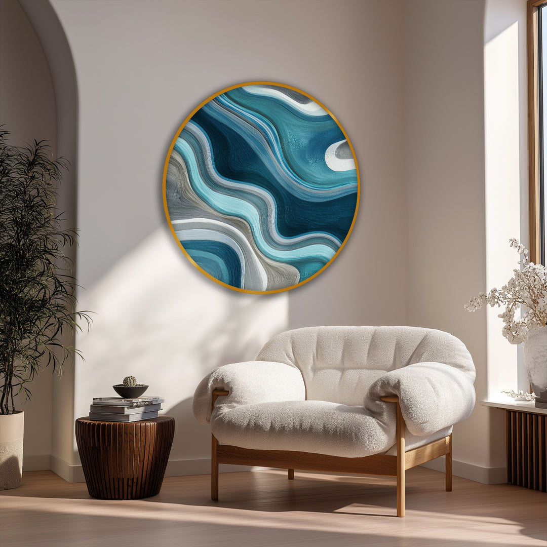 Serene mood conveyed by the fluid teal waves round canvas print, adding a touch of premium canvas decor with its calming abstract art.
