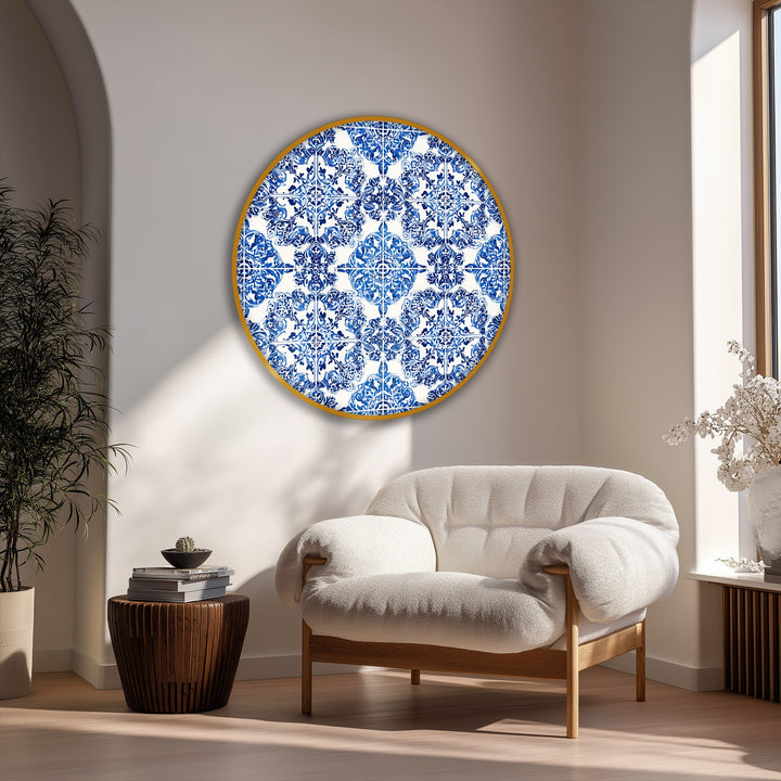 Softly lit background complements the blue ornamental tile pattern round canvas art with its classic ceramic style, enhancing the overall canvas art aesthetic.