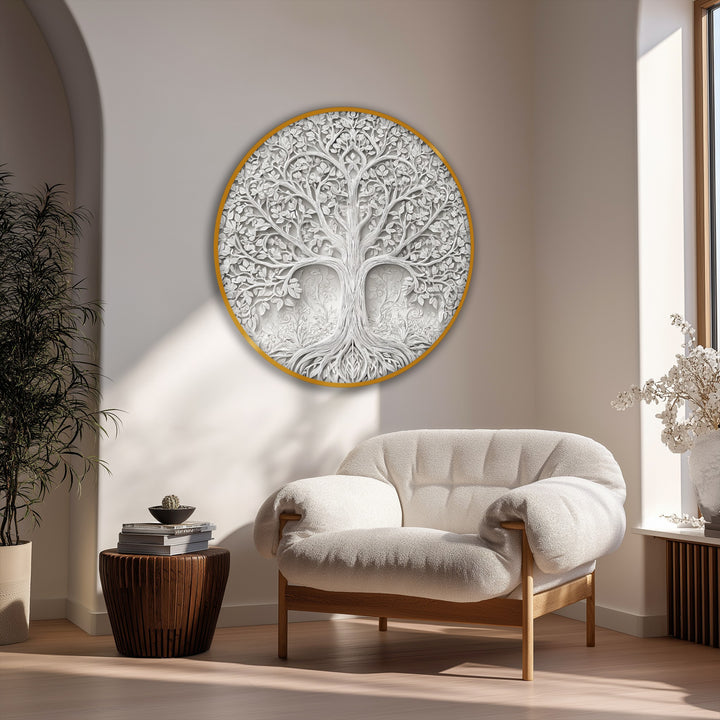 High color contrast highlights the intricately detailed tree in this elegant botanical canvas painting, a white tree of life relief round canvas print on a light wall.
