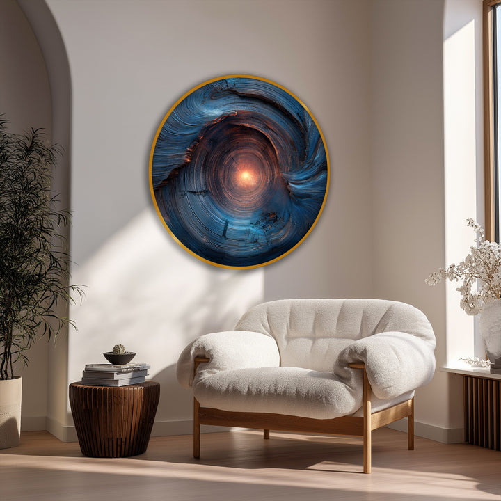 Deeply layered radiant core abstract round canvas print reveals swirling textures and colors, creating the illusion of immense depth in these big canvas prints.