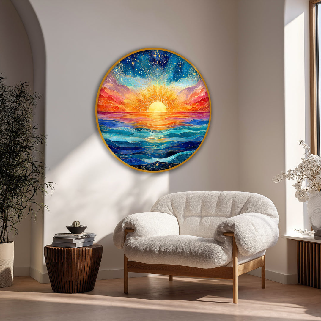 Ample negative space highlights the vibrant, spiritual seascape of this Sunrise Over Ocean round premium canvas decor, creating a captivating focal point.
