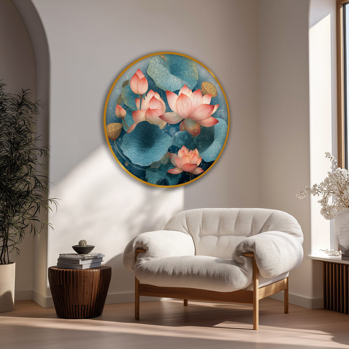 Swirling lotus blooms and lily pads in this round canvas art prints design create a mesmerizing sense of movement in this tranquil nature wall art piece.