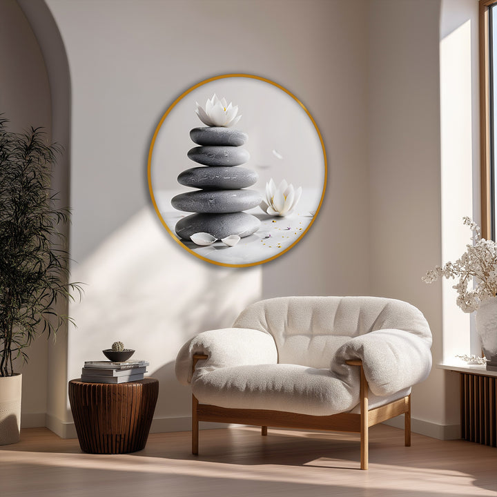 Organic zen balance stones with lotus blossoms create a calming framed canvas print, a minimalist spa wall art embodying organic circular forms.