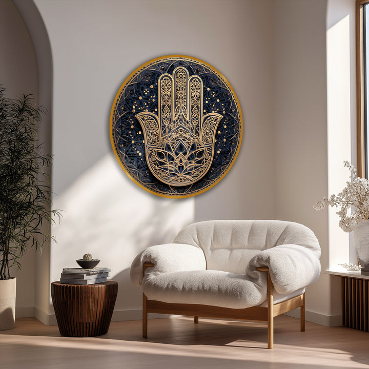 Centered, the ornate Hamsa hand showcases its mandala details on this round canvas print, one of the best canvas prints for spiritual wall art.