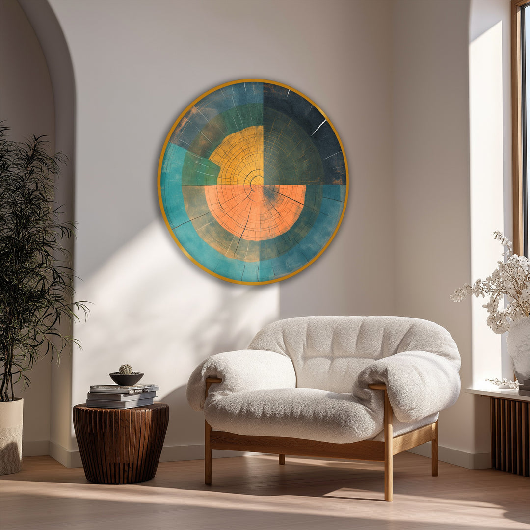 Aesthetic and serene, the modern rustic wall art evokes a calming mood with its abstract wood ring geometry round canvas artwork.