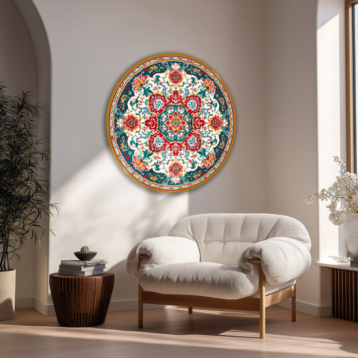 Shadows emphasize the details of the framed canvas, showing the round ornate floral medallion vintage pattern wall art next to the lamp.