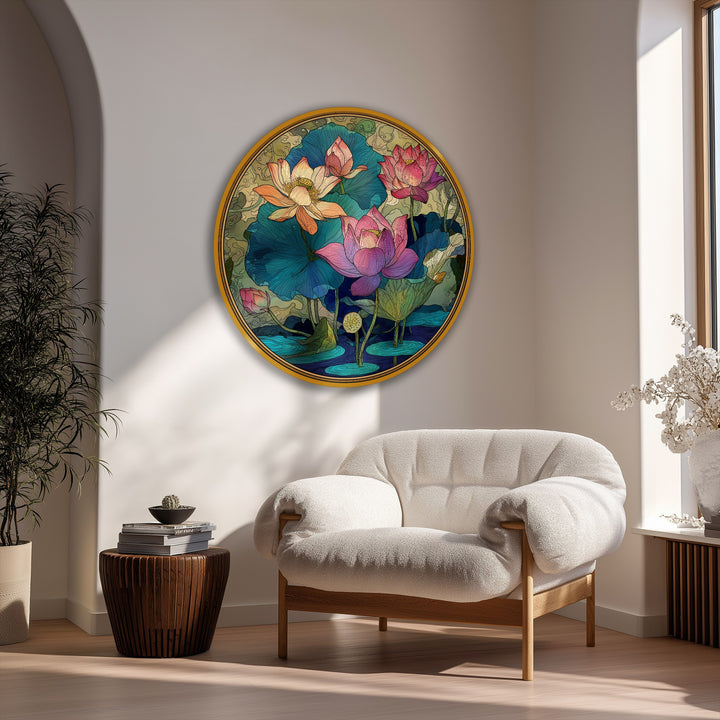 Depth and layers accentuate the ornamental lotus garden round canvas art prints, where verdant leaves and vibrant blossoms create a dimensional floral display.
