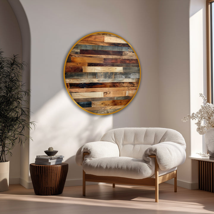 Highlighting the abstract quality, the round canvas artwork showcases a rustic wood panel texture, presenting a visually engaging and unique wooden wall art pattern.