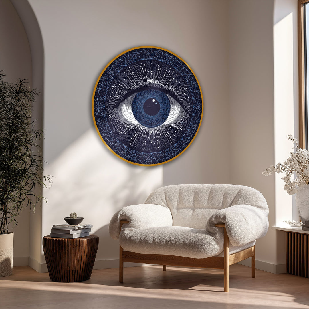 The chair's luxurious, soft texture beckons beneath the cosmic eye vision round, a high quality canvas prints with celestial abstract art radiating intrigue.