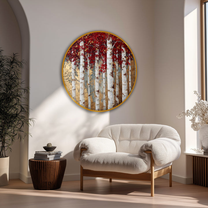 Round canvas print featuring a golden birch forest with red leaves offers captivating big canvas prints perfect for adding elegant nature wall art to your space.