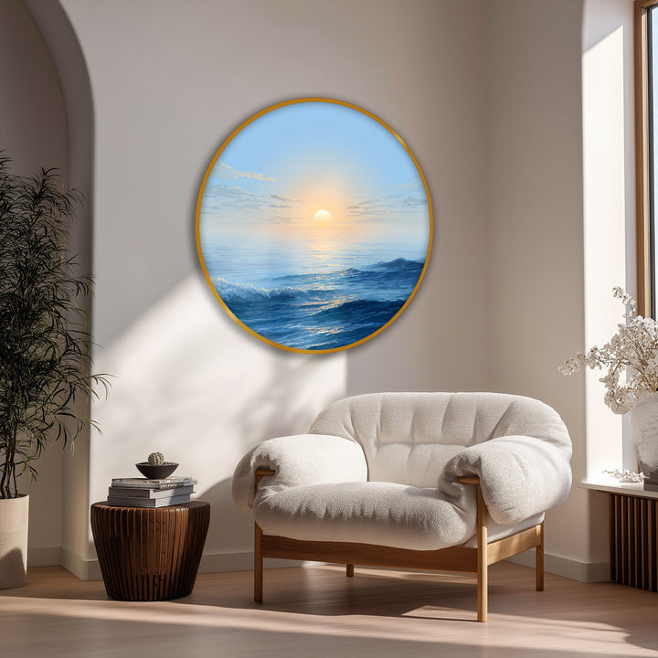 Harsh light and shadow define the tranquil ocean sunrise in these calm blue seascape canvas pictures printed on round canvas wall art.