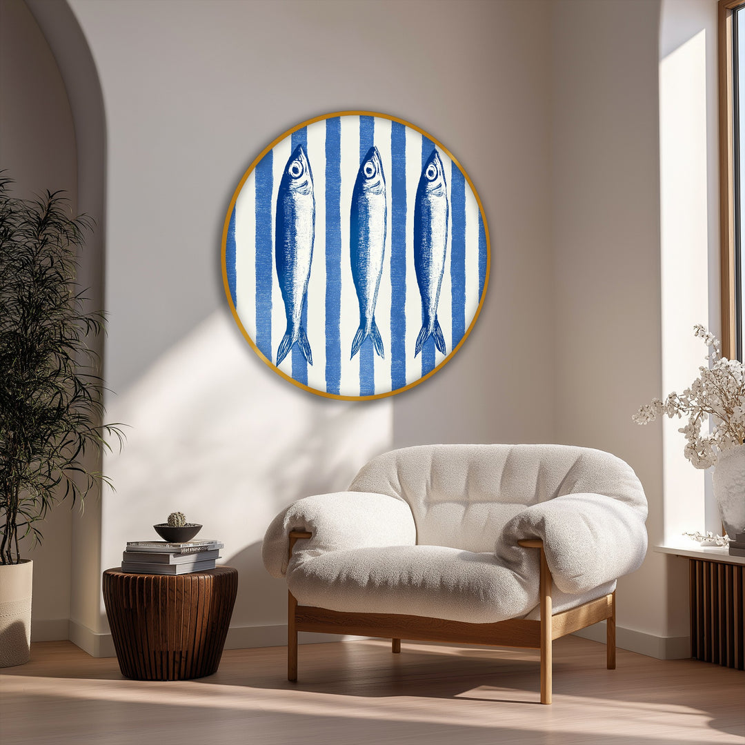 With vibrant color saturation, the blue coastal fish illustration round canvas art features nautical stripes, enhancing this unique canvas art print.