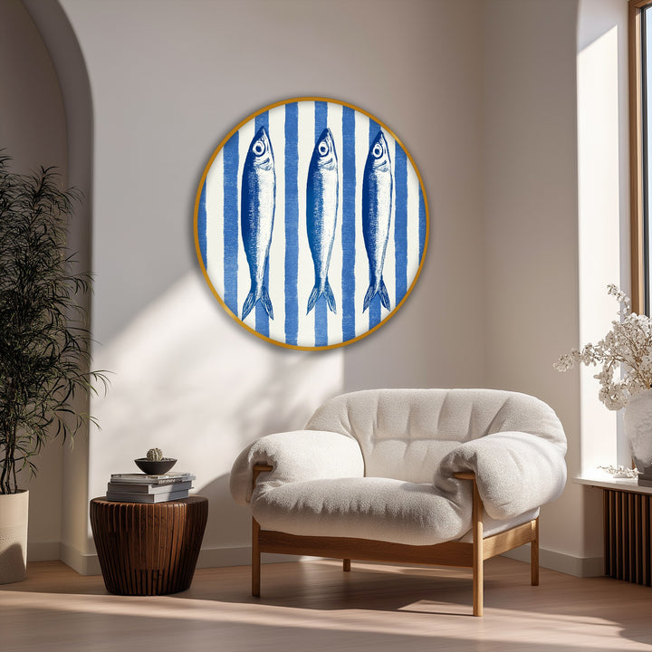 With vibrant color saturation, the blue coastal fish illustration round canvas art features nautical stripes, enhancing this unique canvas art print.
