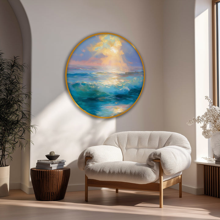 Finished with a matte texture, this circular canvas pictures showcases golden light illuminating turquoise waves in a serene ocean sunrise scene.
