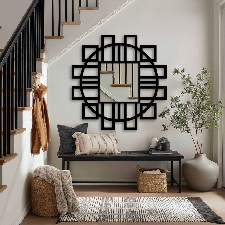 Subdued color saturation enhances the depth of this geometric fusion floor mirror, a striking decoration wall art featuring squares and a circular frame.