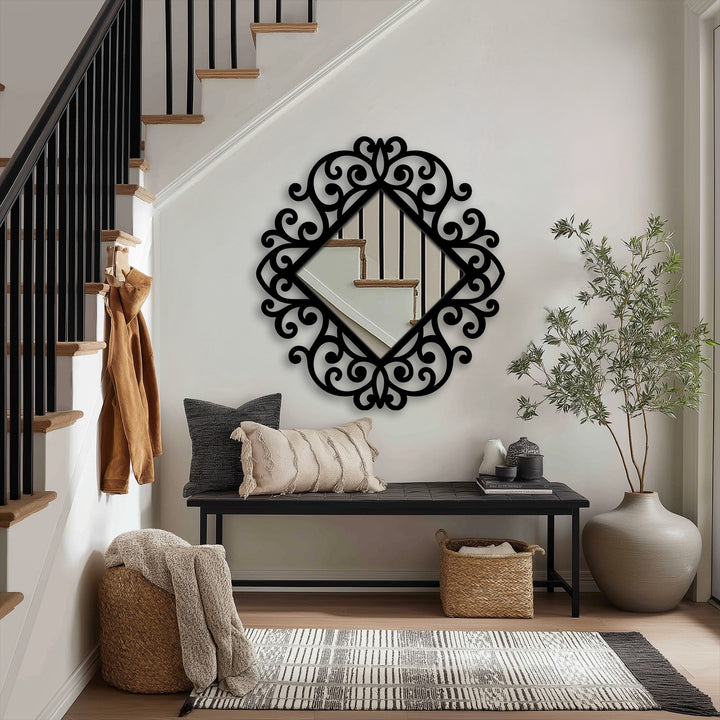 The darkest area features the ornamental scroll diamond floor mirror with a classic baroque frame, enhancing the home decor in a stylish entryway setting.