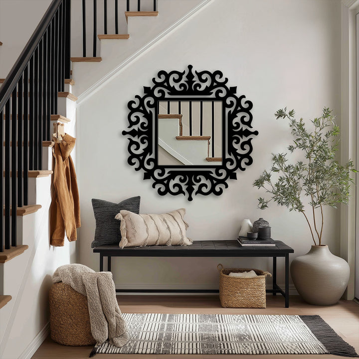 The darkest area highlights the baroque-inspired frame of the Royal Scroll Square floor mirror, enhancing its ornate decorative metal art scrollwork details.