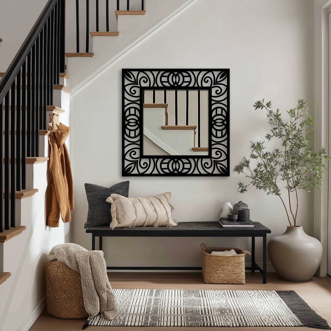 The geometric elements of the ornamental scroll pattern square floor mirror create a striking metal artwork with symmetrical designs and a bold, contemporary frame.