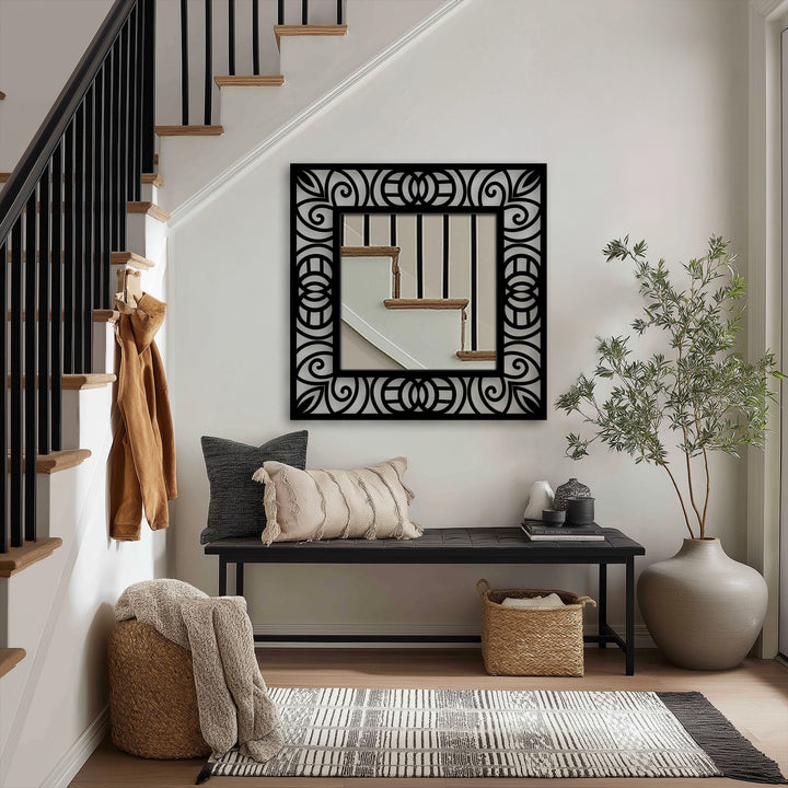 The geometric elements of the ornamental scroll pattern square floor mirror create a striking metal artwork with symmetrical designs and a bold, contemporary frame.