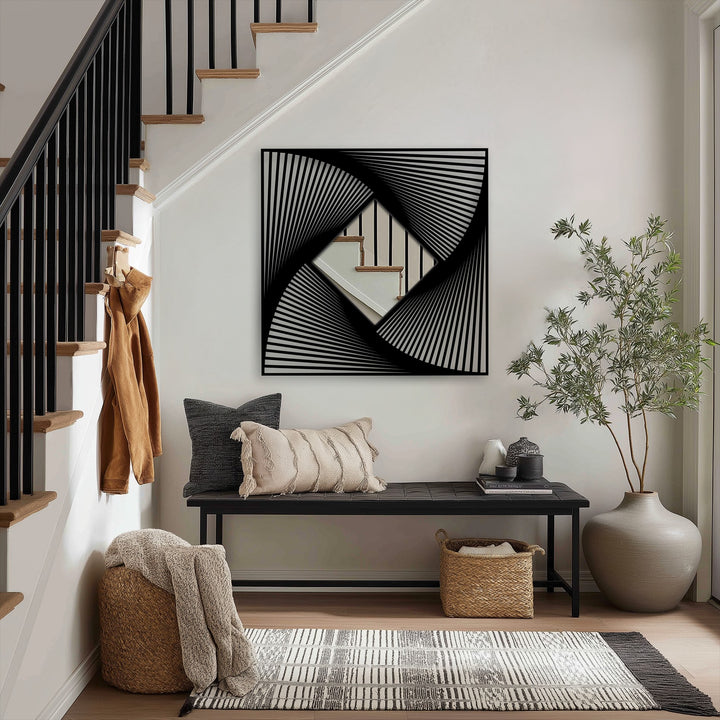 Framed wall mirror reflects a staircase, while the surrounding background includes a bench, plant, basket, and rug, adding depth to the radial line art design and home decoration.