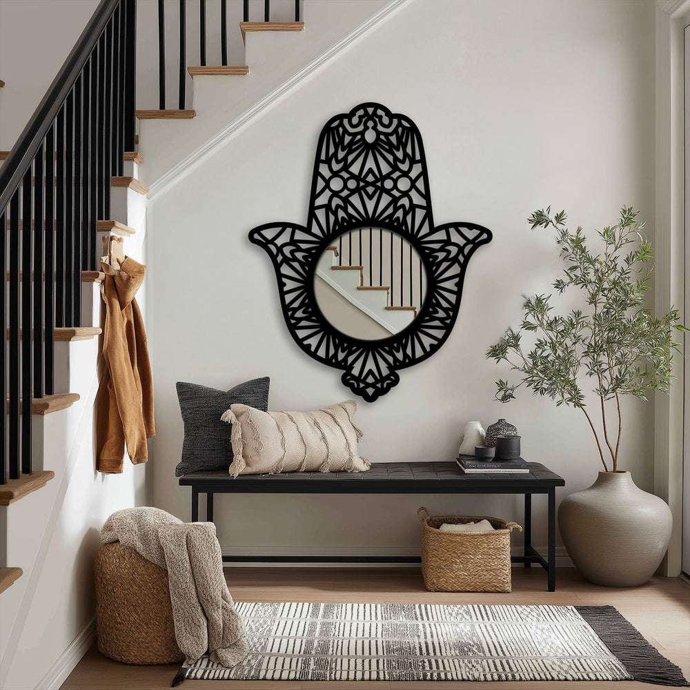 Ornamental black Hamsa design features prominent edges and borders in this Sacred Hand metal art for wall mirror, adding a unique, decorative touch.