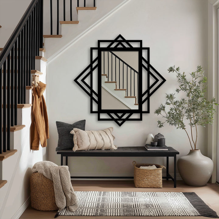 Brightest area highlights the geometric diamond metal wall art mirror, a unique metal wall art piece with a layered black frame reflecting light.