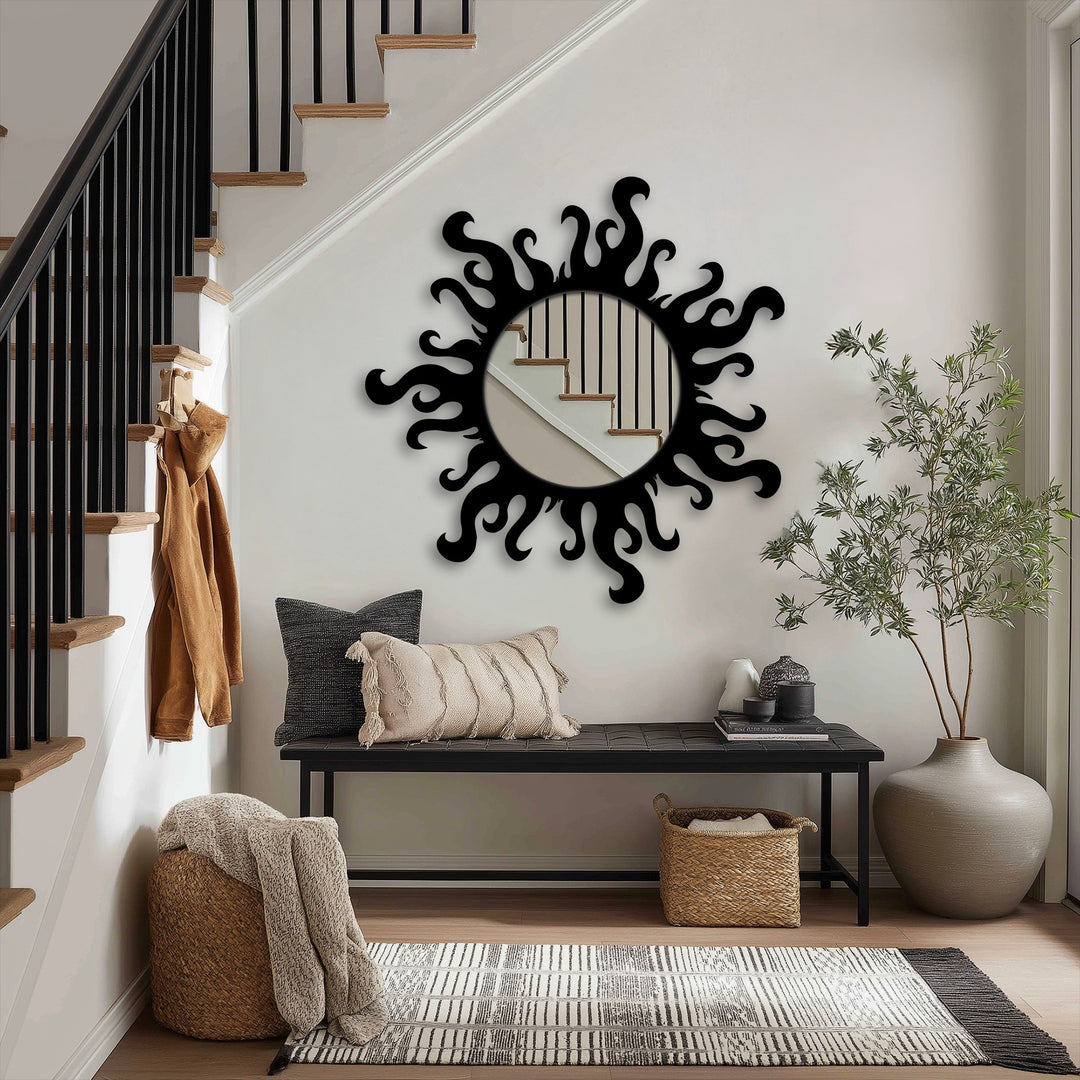 Flame Edge Round Decorative Wall Mirror – Modern Asymmetrical Mirror Wall Decor