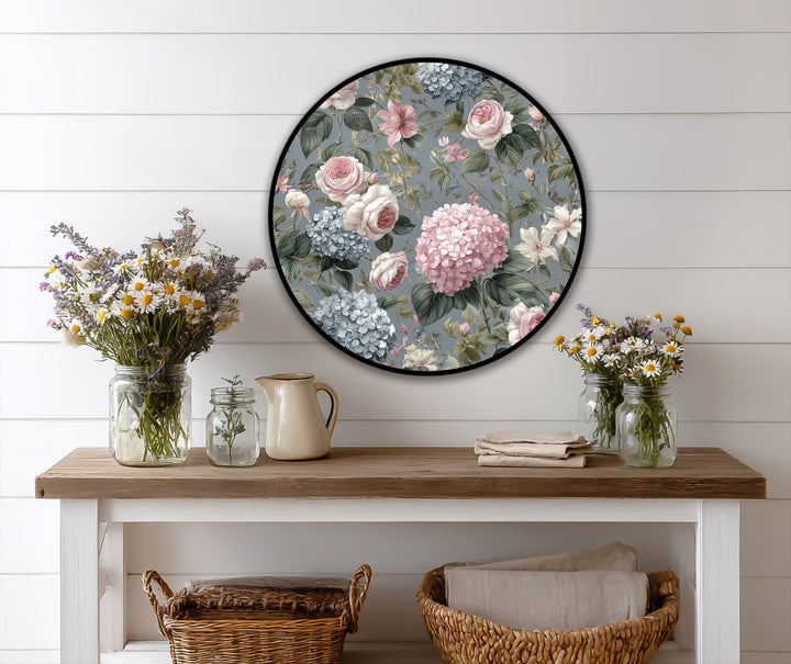 Stillness enfolds the romantic floral round oil painting home decor of vintage roses and hydrangeas, exuding the calmness in a charming arrangement.