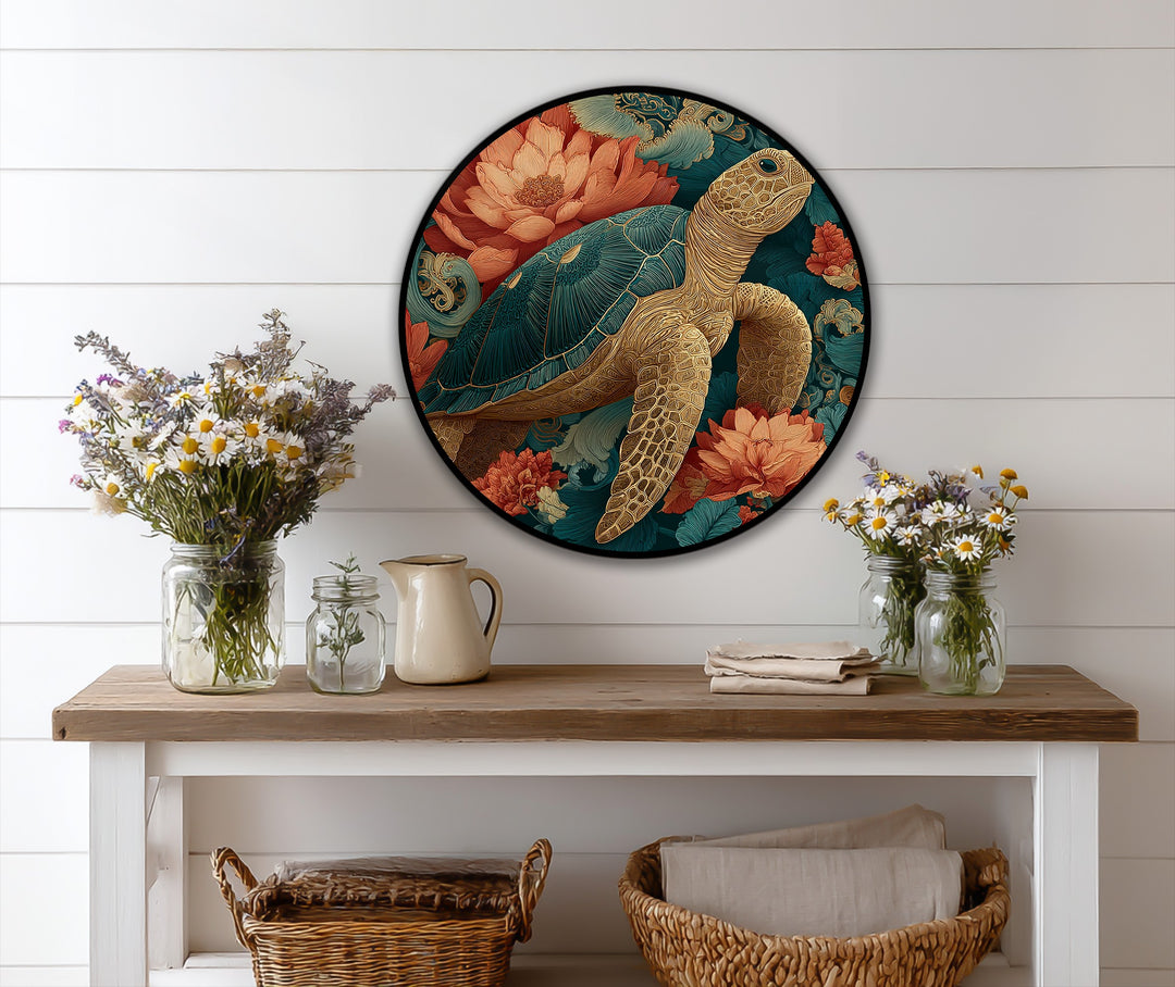 Featuring the smooth finish of this golden sea turtle among coral flowers round oil painting, with oil painting art prints bringing a touch of coastal elegance.