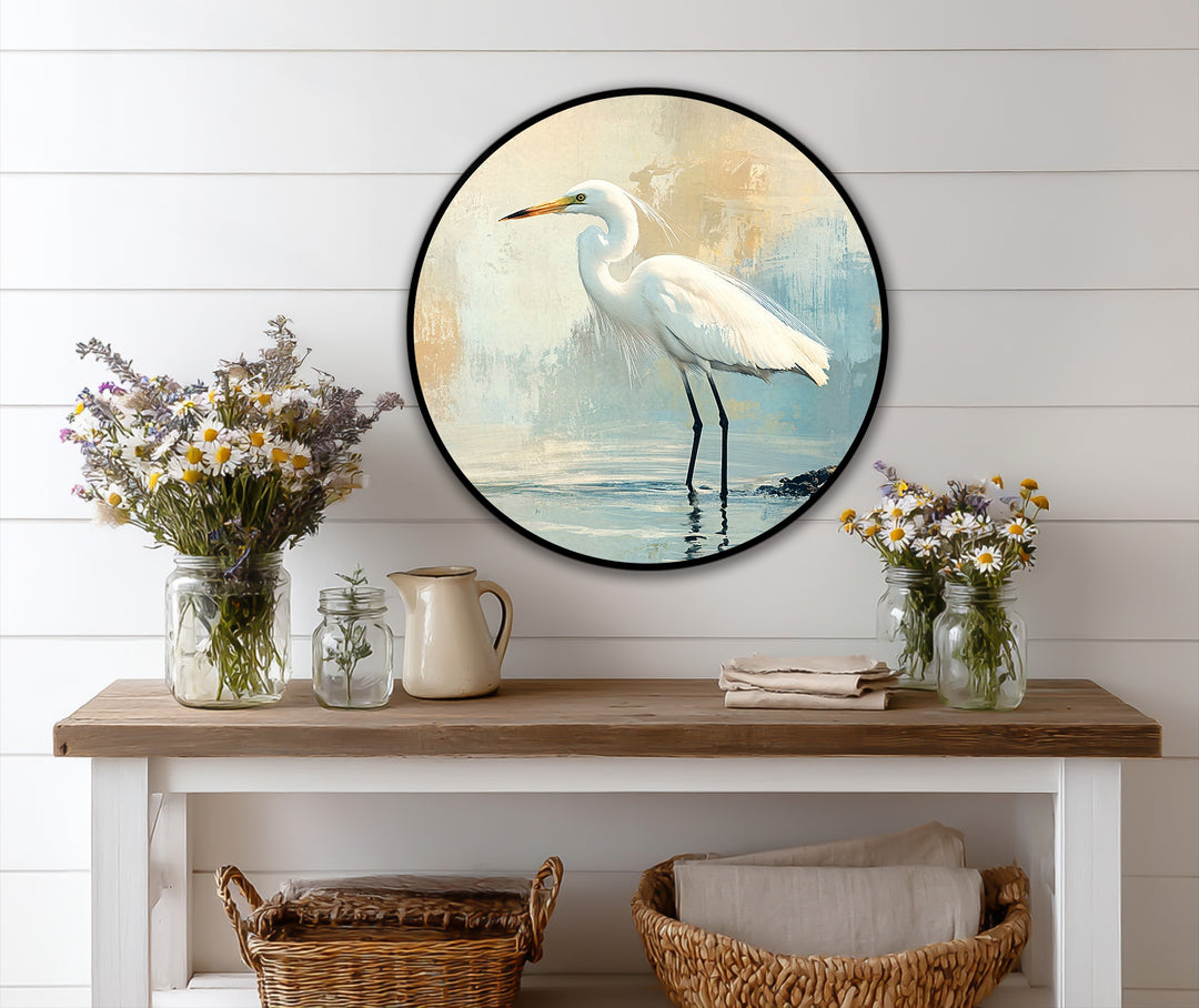 Morning Stillness – White Egret Coastal Oil Painting