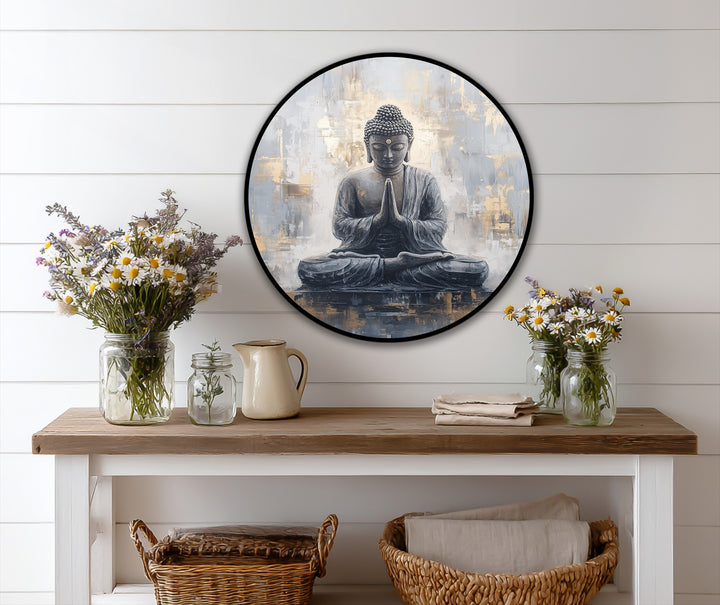 Swirling brushstrokes animate this sacred serenity meditating buddha round oil painting, an example of transcendent oil painting wall art in motion, accented with luminous gold touches.