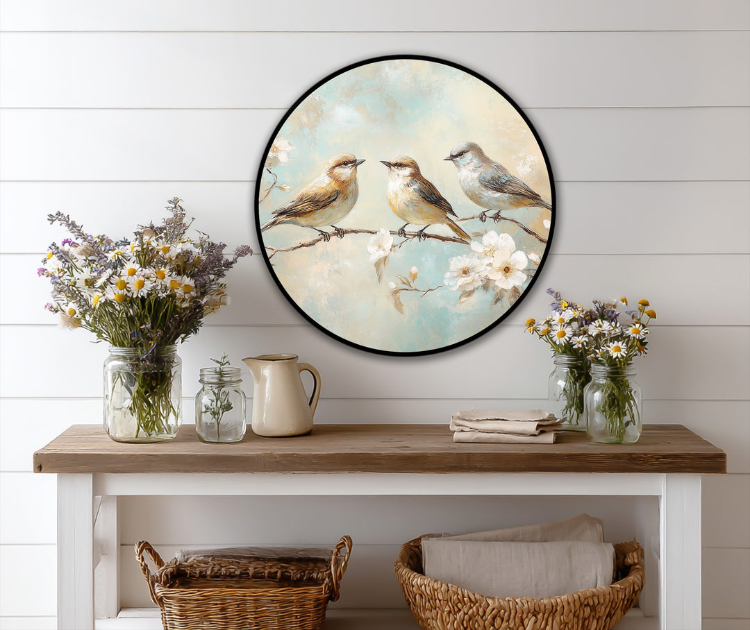 Whispering Blossoms – Three Songbirds Round Oil Painting
