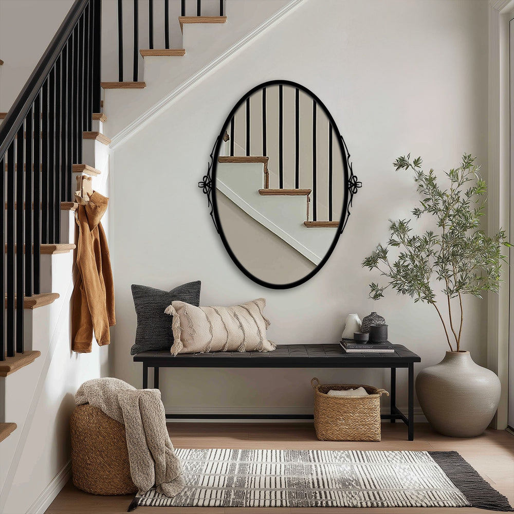 Soft light and shadow accentuate the Elegant Simplicity Oval Floor Mirror, creating a stunning bathroom mirror display with subtle side accents.