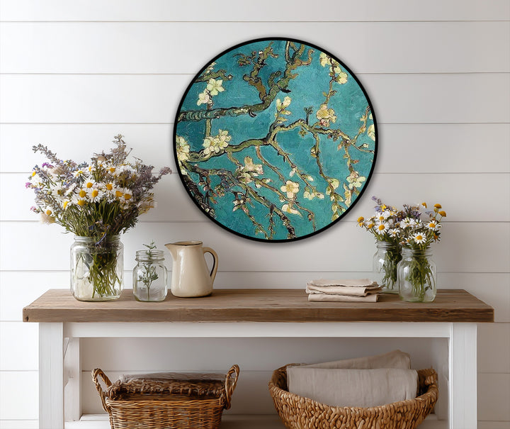 Turquoise hues dominate this round Almond Branches oil painting, a modern oil painting art piece depicting blossoming branches against a textured sky.
