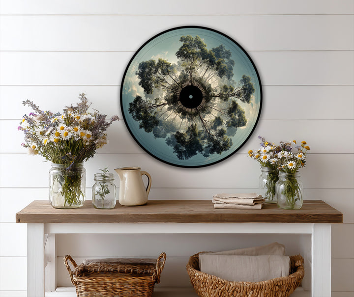 Illuminating the sky between the symmetrical trees, the brightest area highlights the radial forest perspective in this celestial canopy oil painting reproduction print.