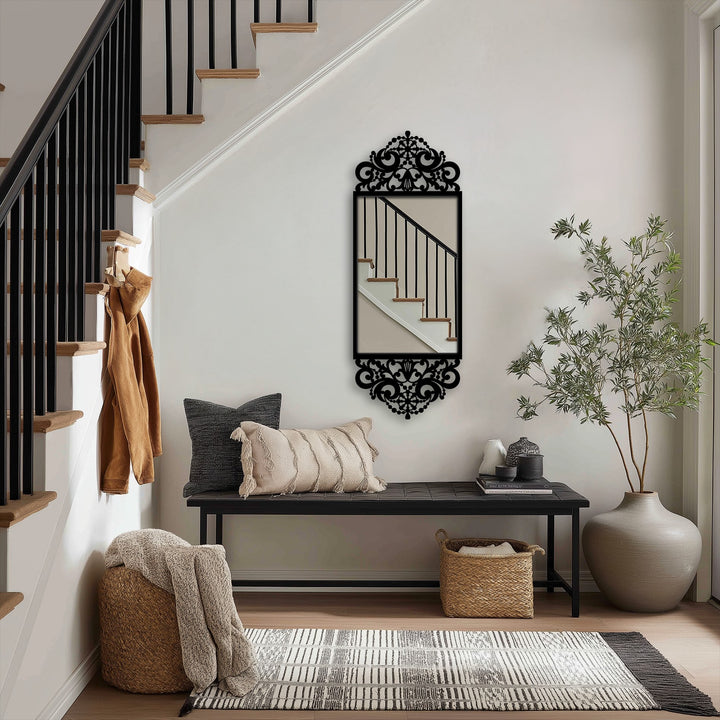 Showcasing an abstract quality, the ornate Baroque scroll frame floor mirror features an elegant black metal decoration wall art design creating a sophisticated reflection.