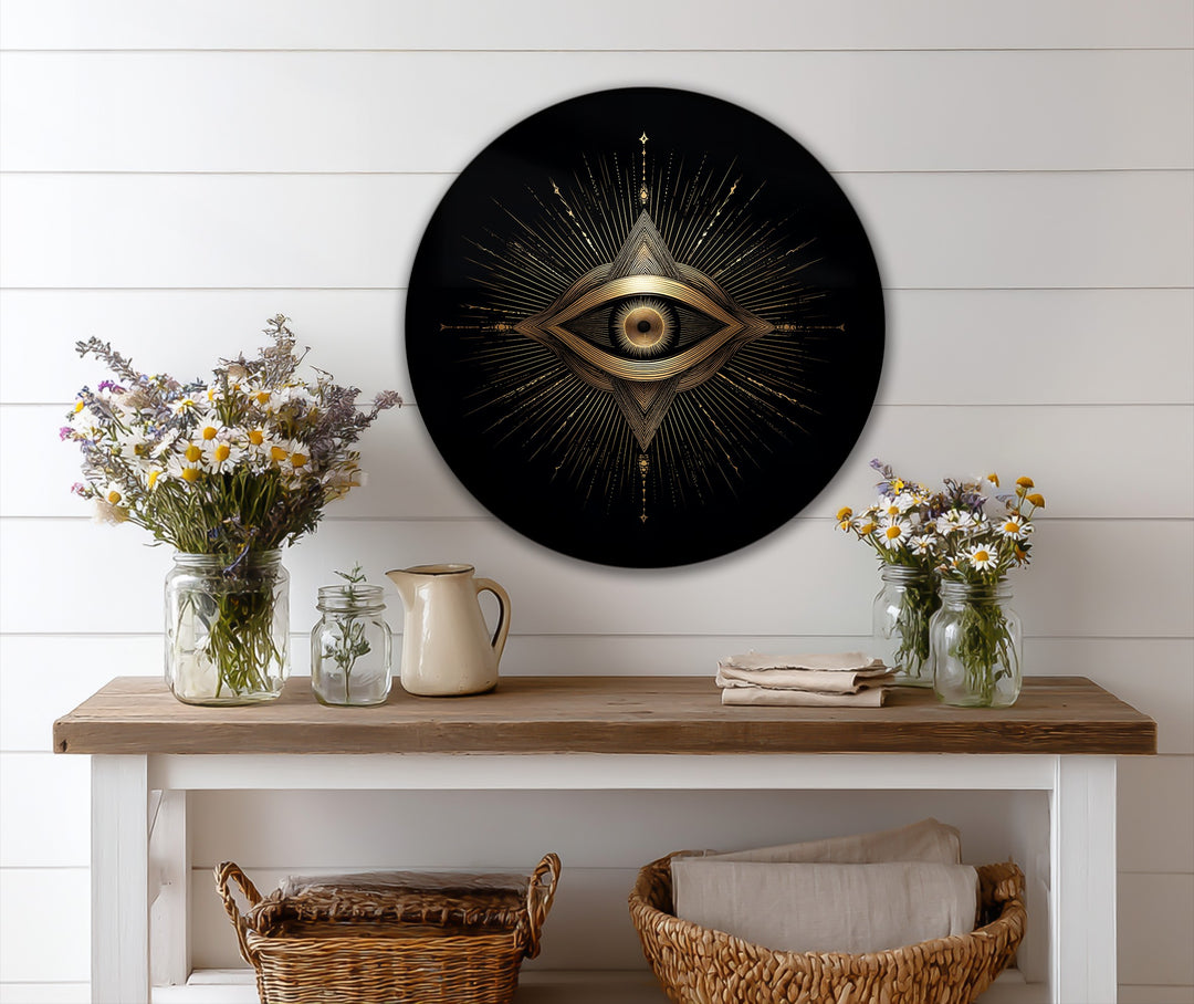 Intense color saturation defines this round oil painting wall art, showcasing a golden sacred eye with geometric rays against a deep black background.