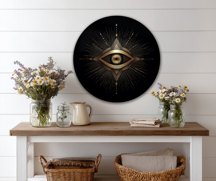 Intense color saturation defines this round oil painting wall art, showcasing a golden sacred eye with geometric rays against a deep black background.