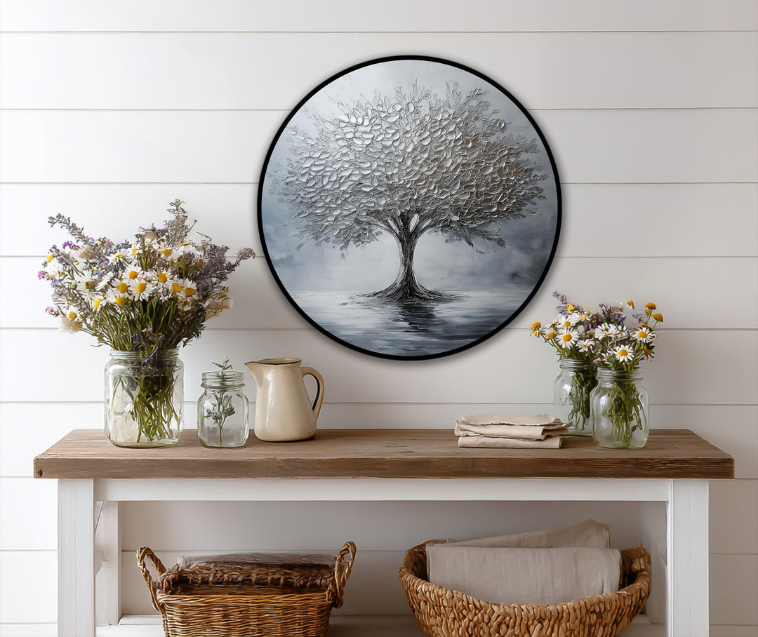 Subtle gradations in this monochrome oil painting art piece create a serene silver tree reflection, showcasing a soft transition from light leaves to the darker mirrored image below.