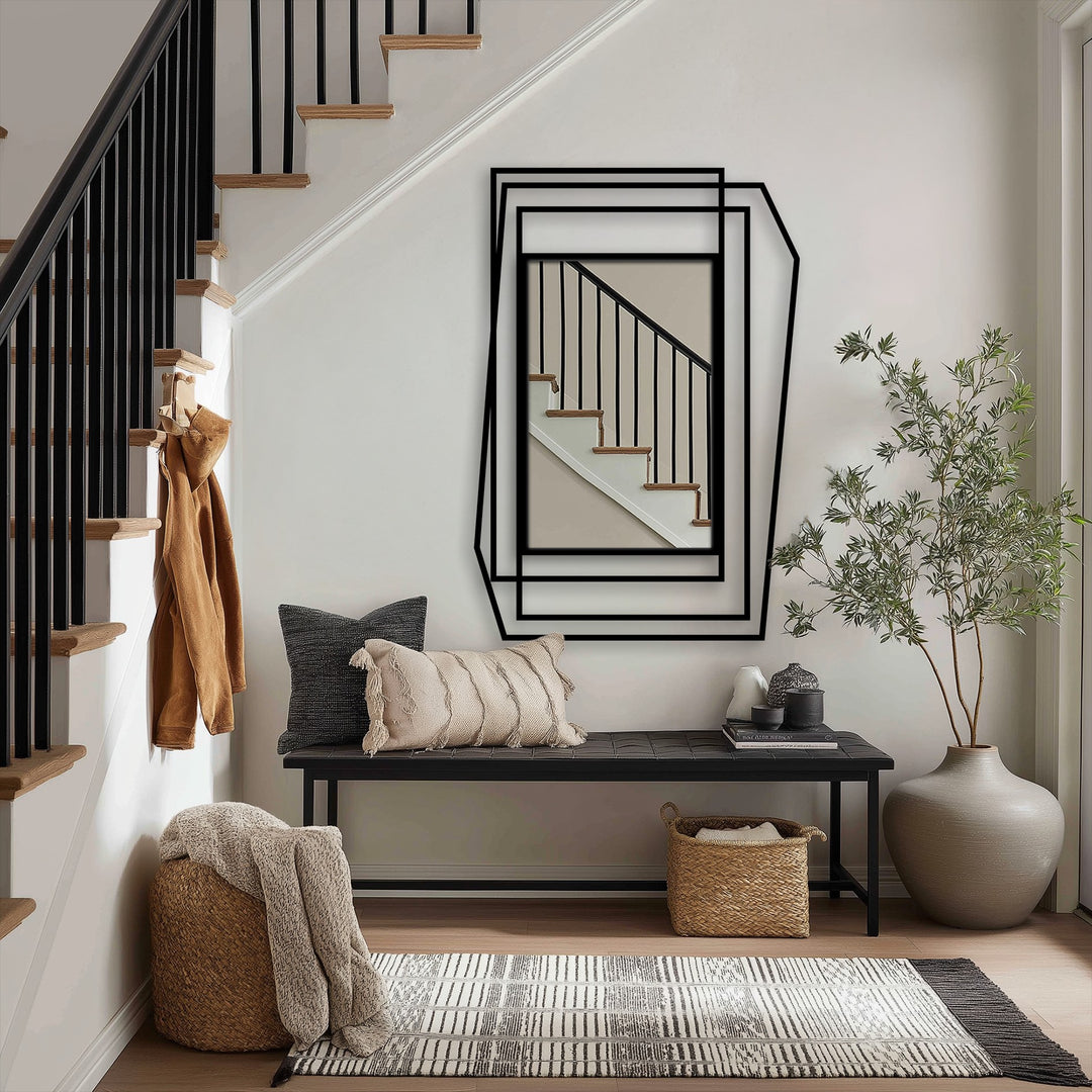 Stillness in the layered geometric asymmetrical frame floor mirror suggests a captured moment, a modern black metal design offering serene decoration wall art.