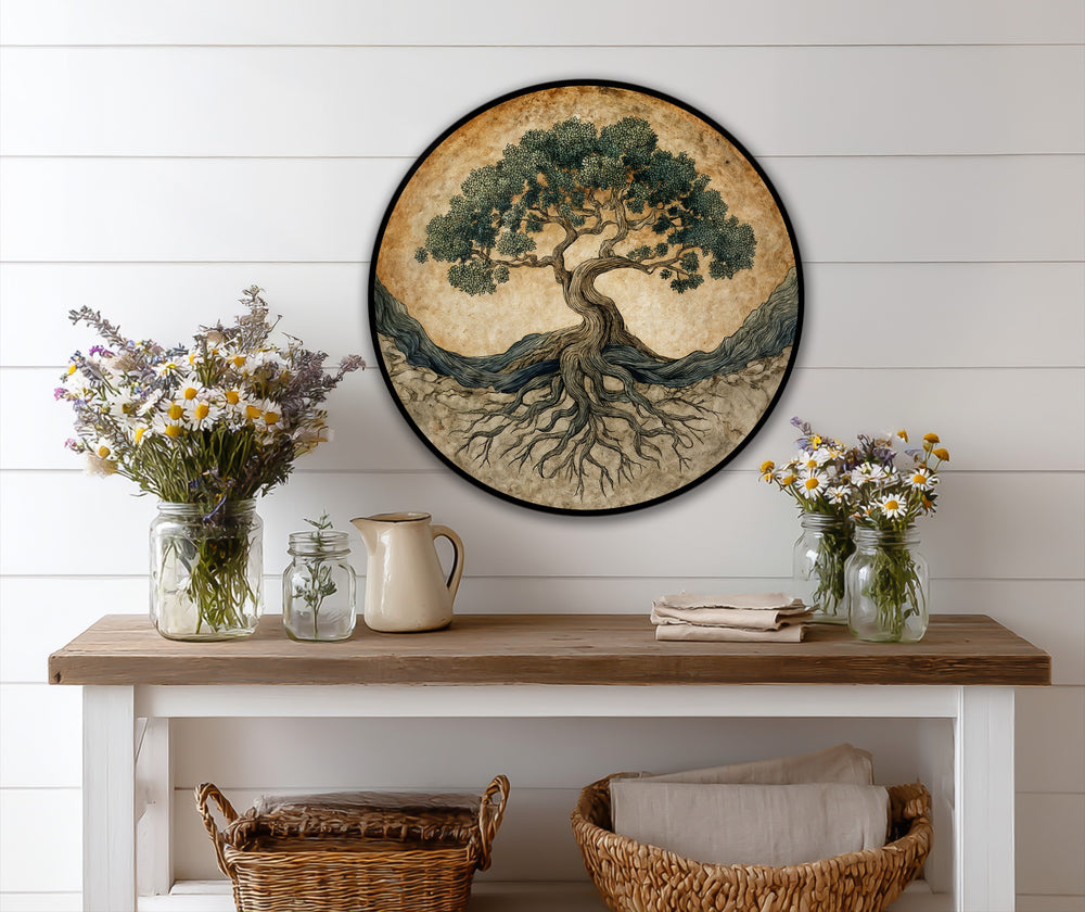 The thin black edge frames the round Ancient Roots of Life oil painting decoration, contrasting with the earthy tones and organic shapes within.